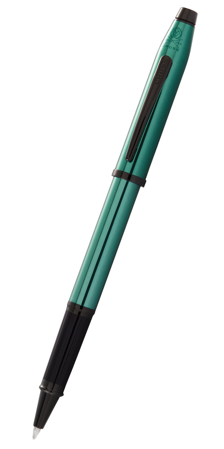 Translucent green rollerball pen with clip and black grip, angled view