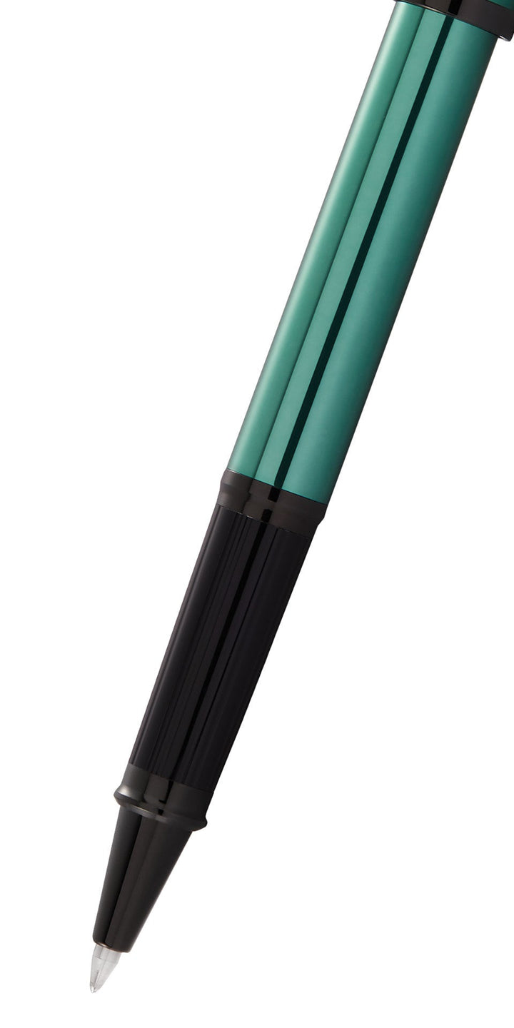 Translucent green rollerball pen with black tip and translucent barrel