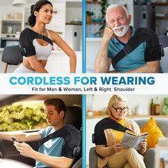 Cordless neck and shoulder heat massager wearing on shoulders while seated