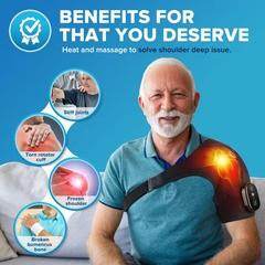 Heat massager with shoulder strap and illuminated heat area on seated user