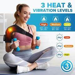 Neck and shoulder heat massager strapped on user over shoulders