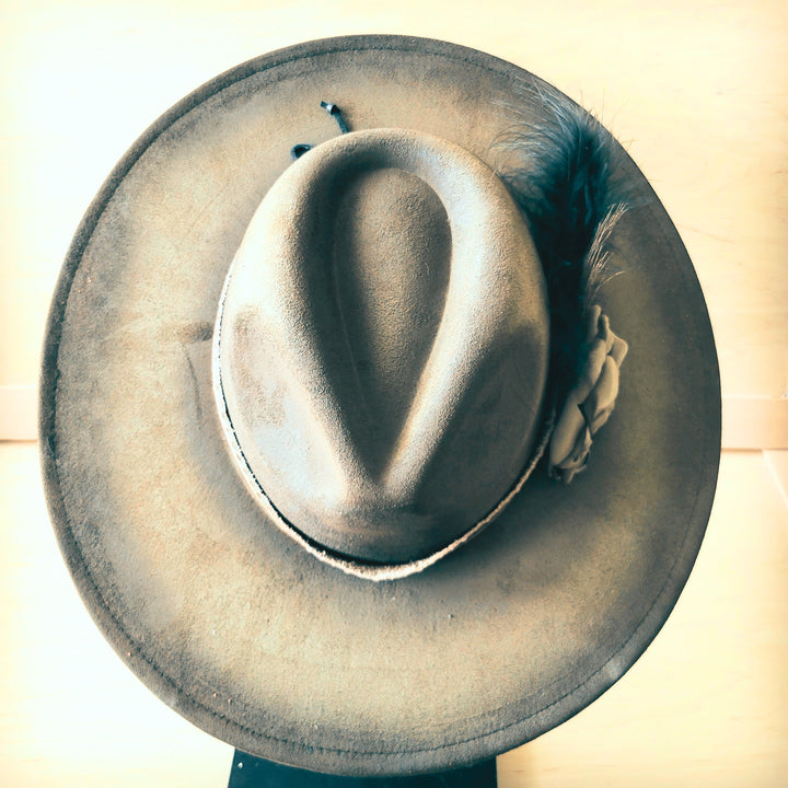 Distressed felt cowgirl hat, gray-olive, wide brim with curved crown