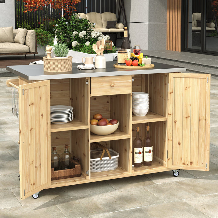 Fir Wood Kitchen Island with Stainless Steel Top