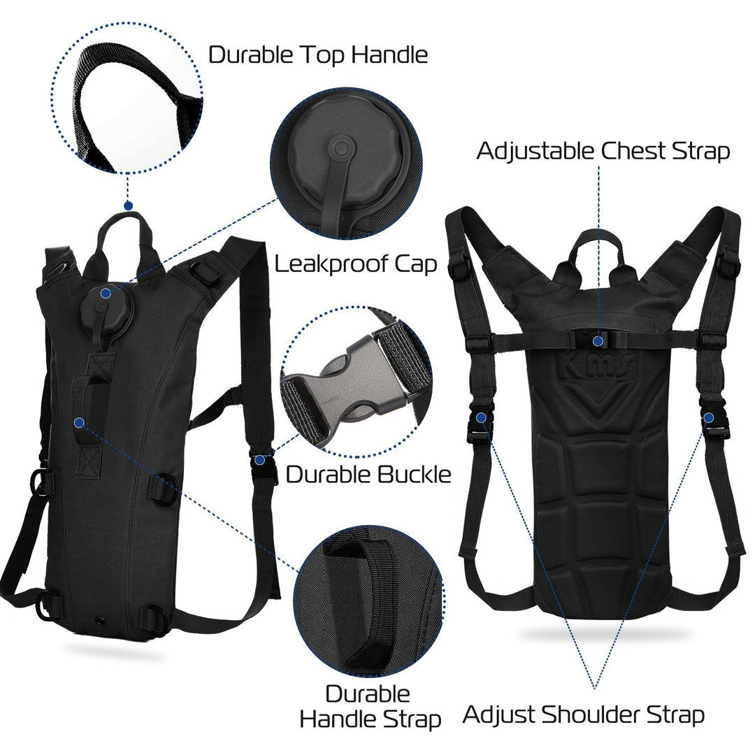 Black hydration pack with adjustable shoulder straps, chest strap, and durable handle