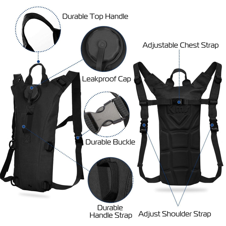 Black hydration pack with adjustable shoulder straps, chest strap, and durable handle