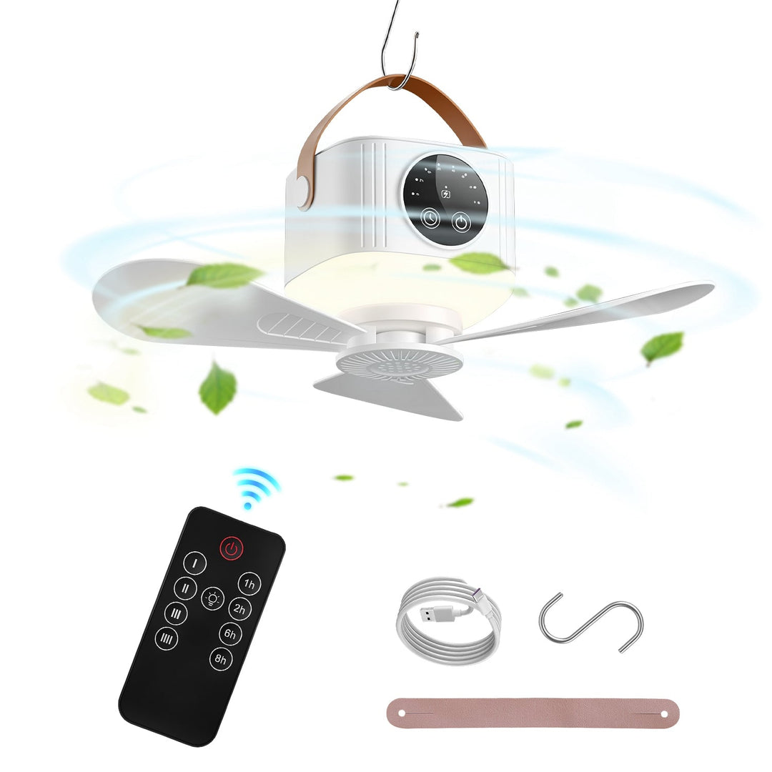 Rechargeable tent ceiling fan with LED light, white housing and black remote with buttons