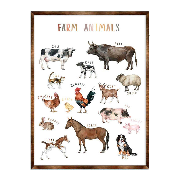 Framed farm animals wooden poster with illustrated cow, bull, horse, dog, sheep, title 'Farm Animals'