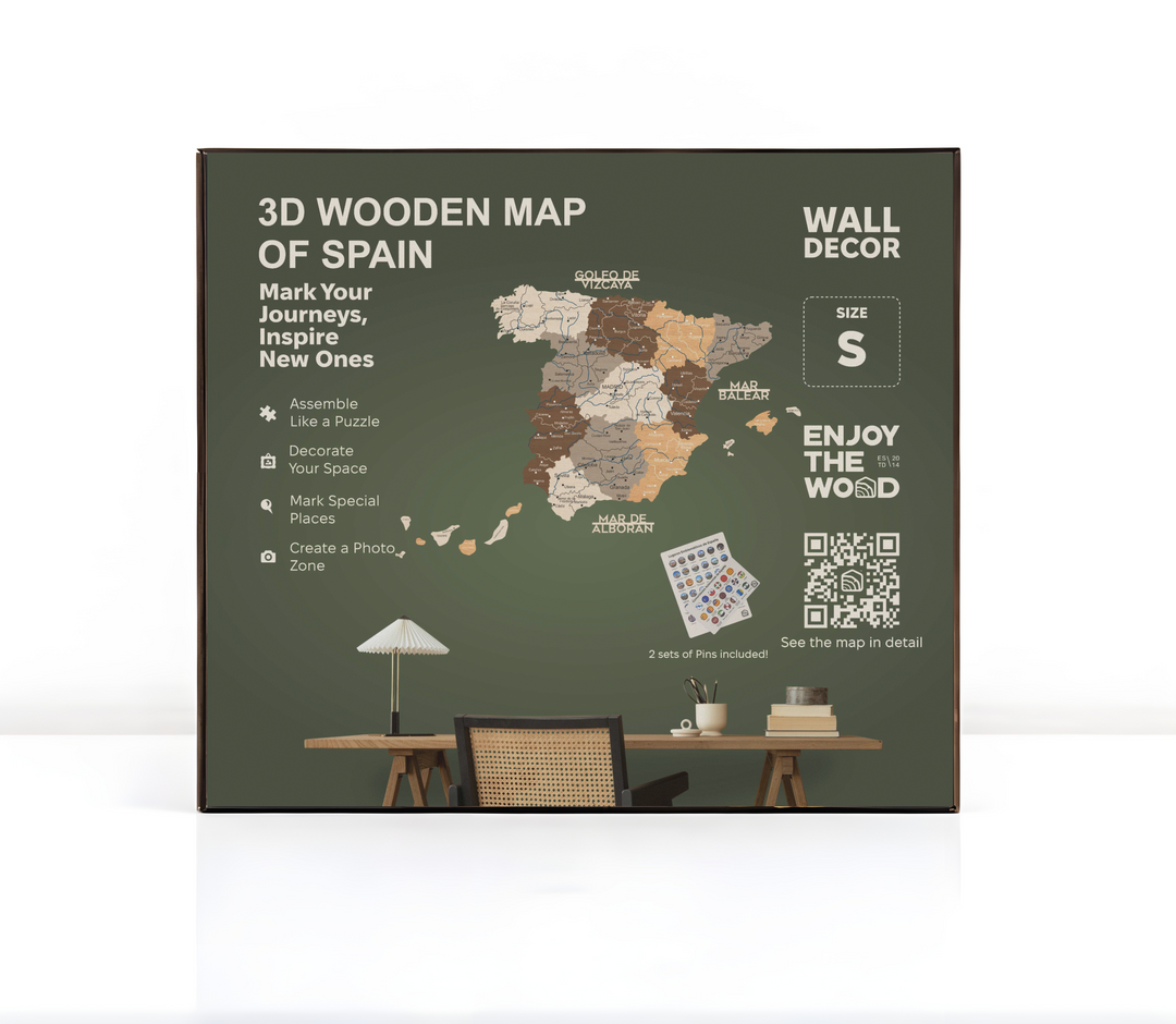 Wooden Spain map puzzle packaging box showing features and map illustration