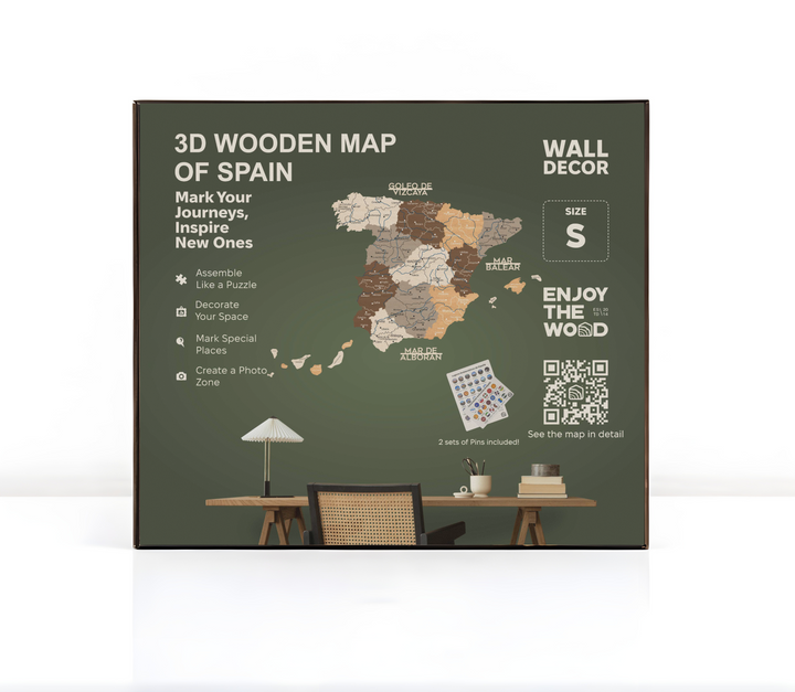 Wooden Spain map puzzle packaging box showing features and map illustration