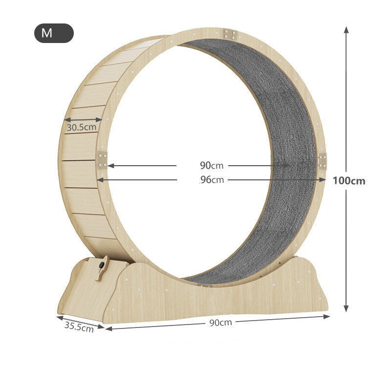 Cat treadmill wheel size M diagram: 90cm diameter, 100cm height, 90cm base