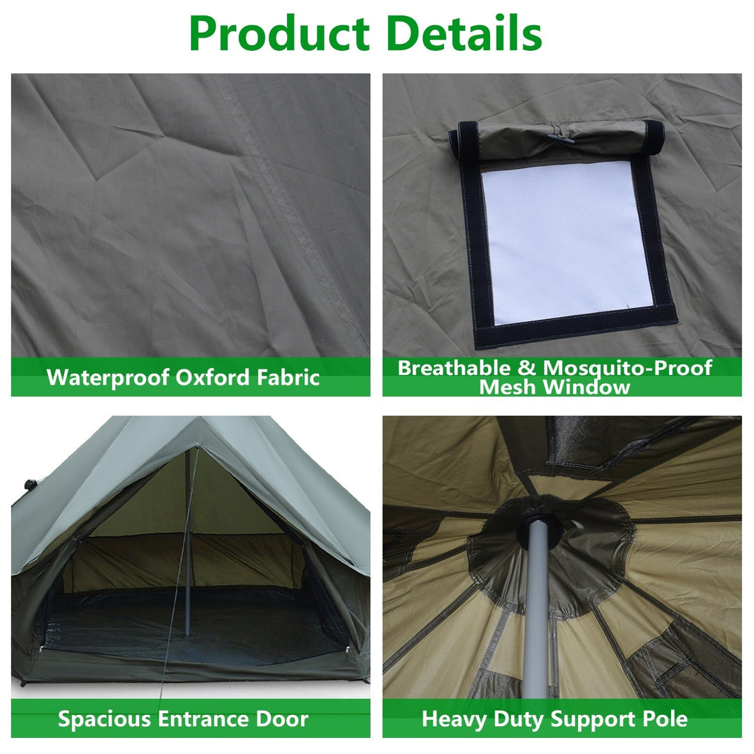 Bell tent product details: waterproof fabric, breathable mesh window, support poles