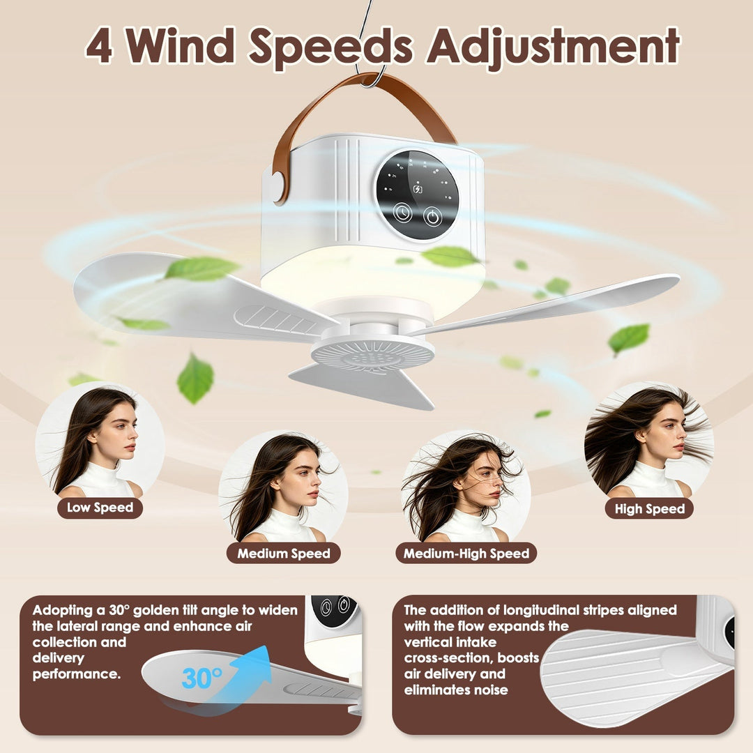 Tent ceiling fan with LED light showing 4 wind speeds adjustment