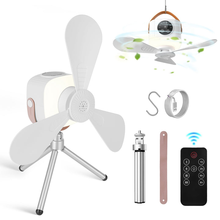 Portable camping ceiling fan with LED light, white 3-blade design and hanging hook