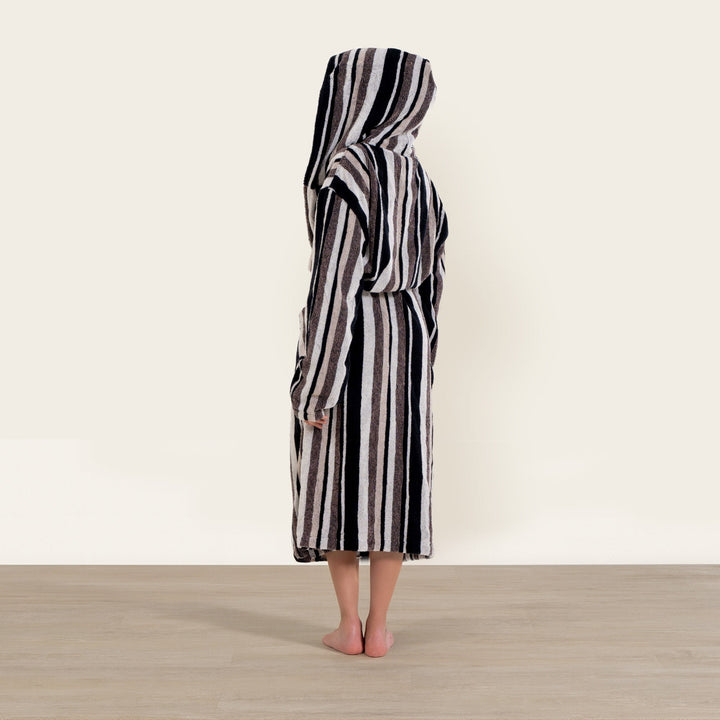 Striped unisex hooded bathrobe with belt tie, full-length side view