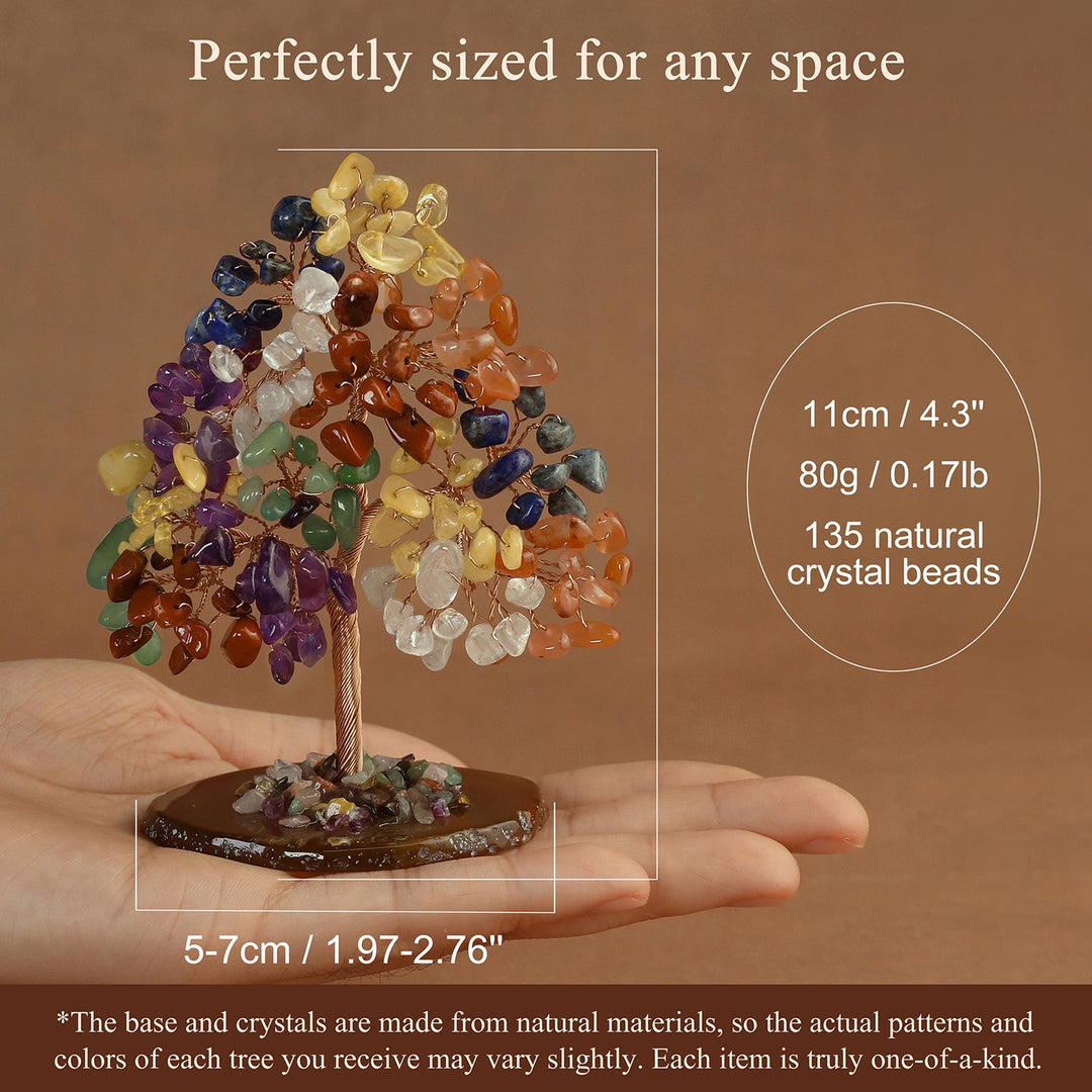Gemstone crystal tree with multicolor beads on textured round base