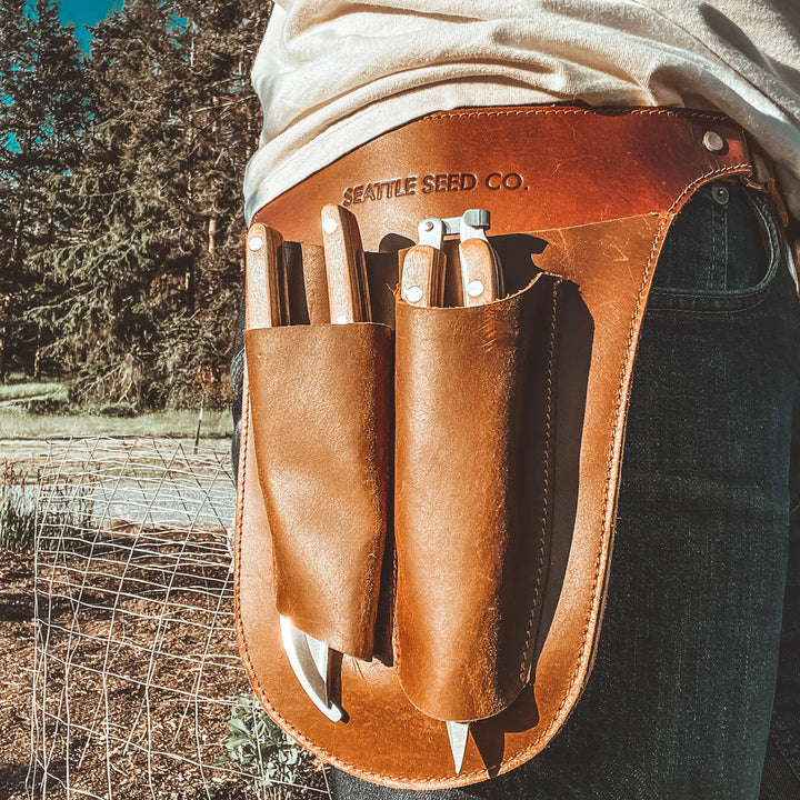 Wood-handled straight garden shears in brown leather holster