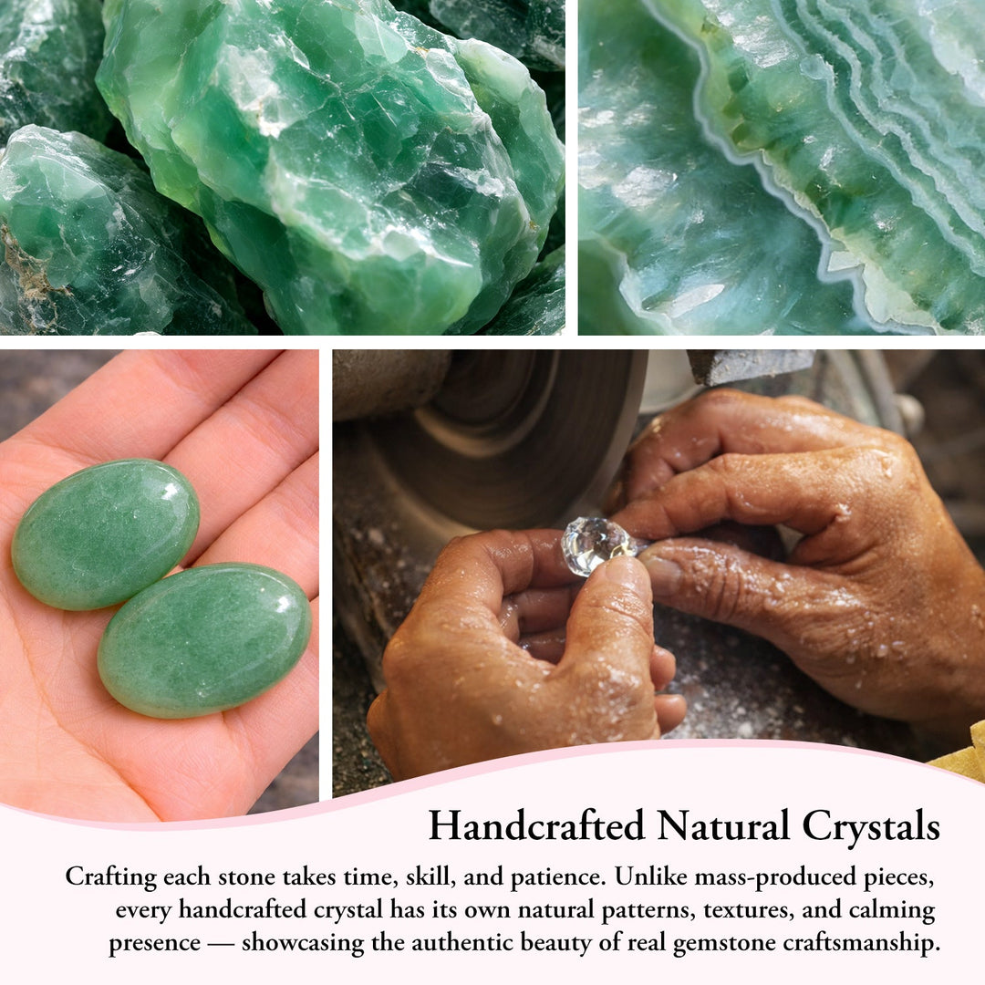 Handheld green oval crystal stones on palm