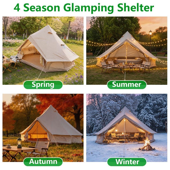 Bell glamping shelter shown in four seasonal outdoor views, white tent with beige interior