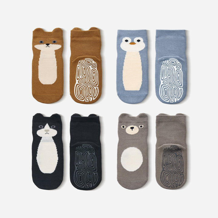 Animal-themed baby and toddler non-slip crew socks, assorted brown, blue, black, gray