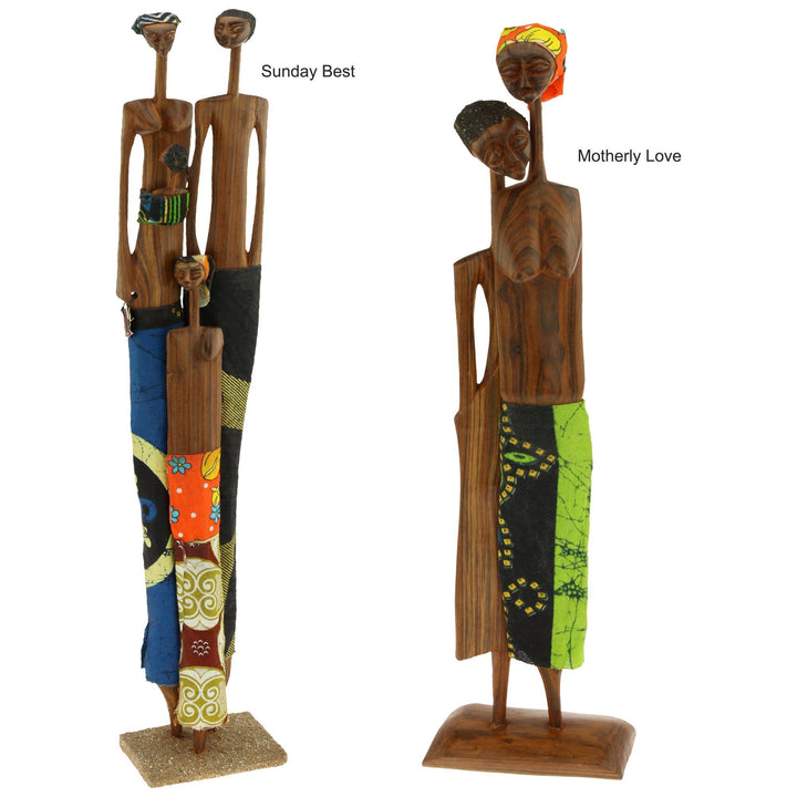Sandalwood sculpture of two standing figurines with carved faces and colorful fabric panels