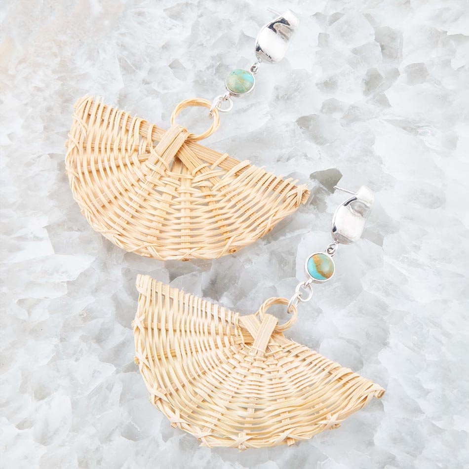 Rattan fan dangle earrings with turquoise bead and sterling silver wire hooks