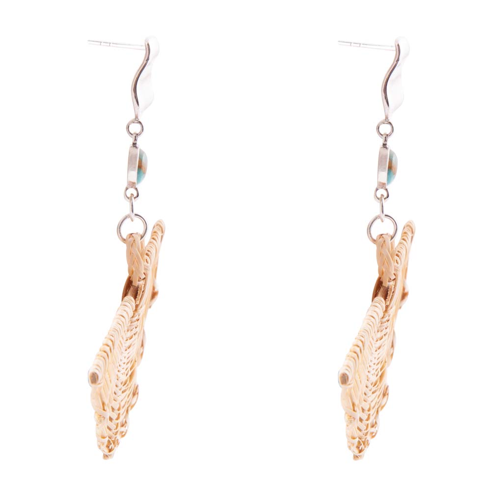 Rattan fan earrings with turquoise inlay disc and sterling silver hooks