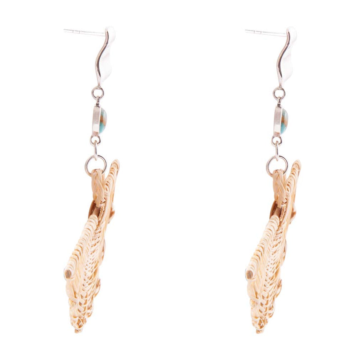 Rattan fan earrings with turquoise inlay disc and sterling silver hooks