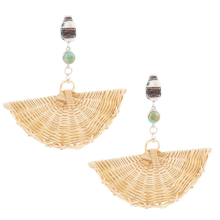 Rattan fan earrings with turquoise cabochon and sterling silver hooks, dangle style