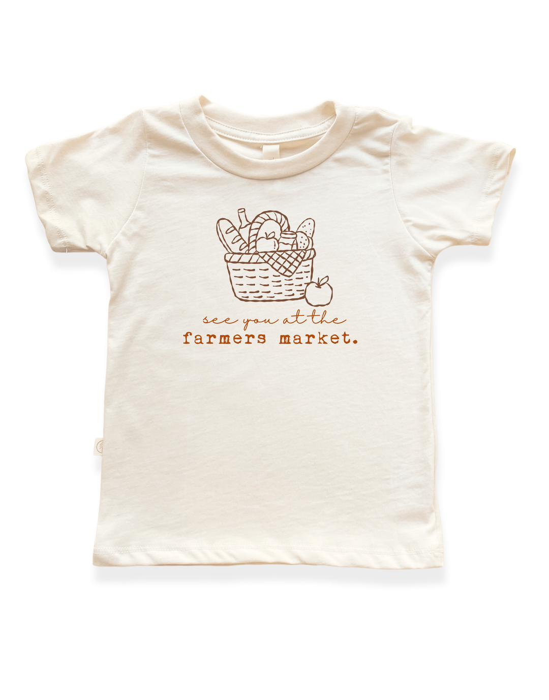 Kids organic T-shirt, cream, with basket farm market graphic and 'see you at farmers market'