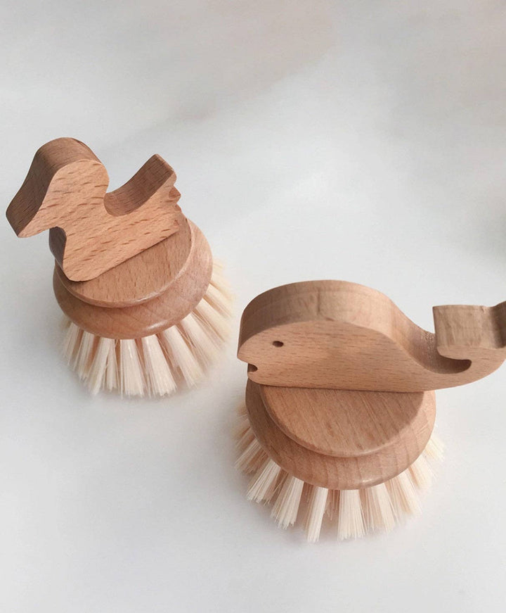 Wooden kids cleaning brush with bird handle and white bristles, two-piece set