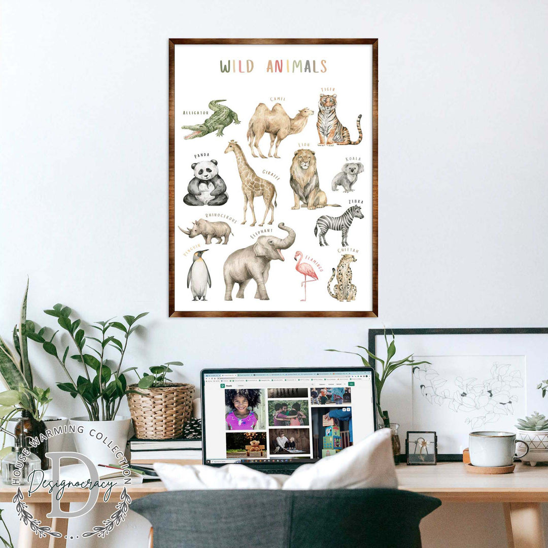 Framed wild animals poster featuring a variety of labeled animals, including camel and lion