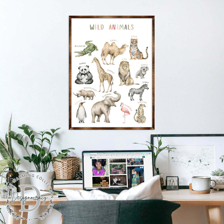 Framed wild animals poster featuring a variety of labeled animals, including camel and lion