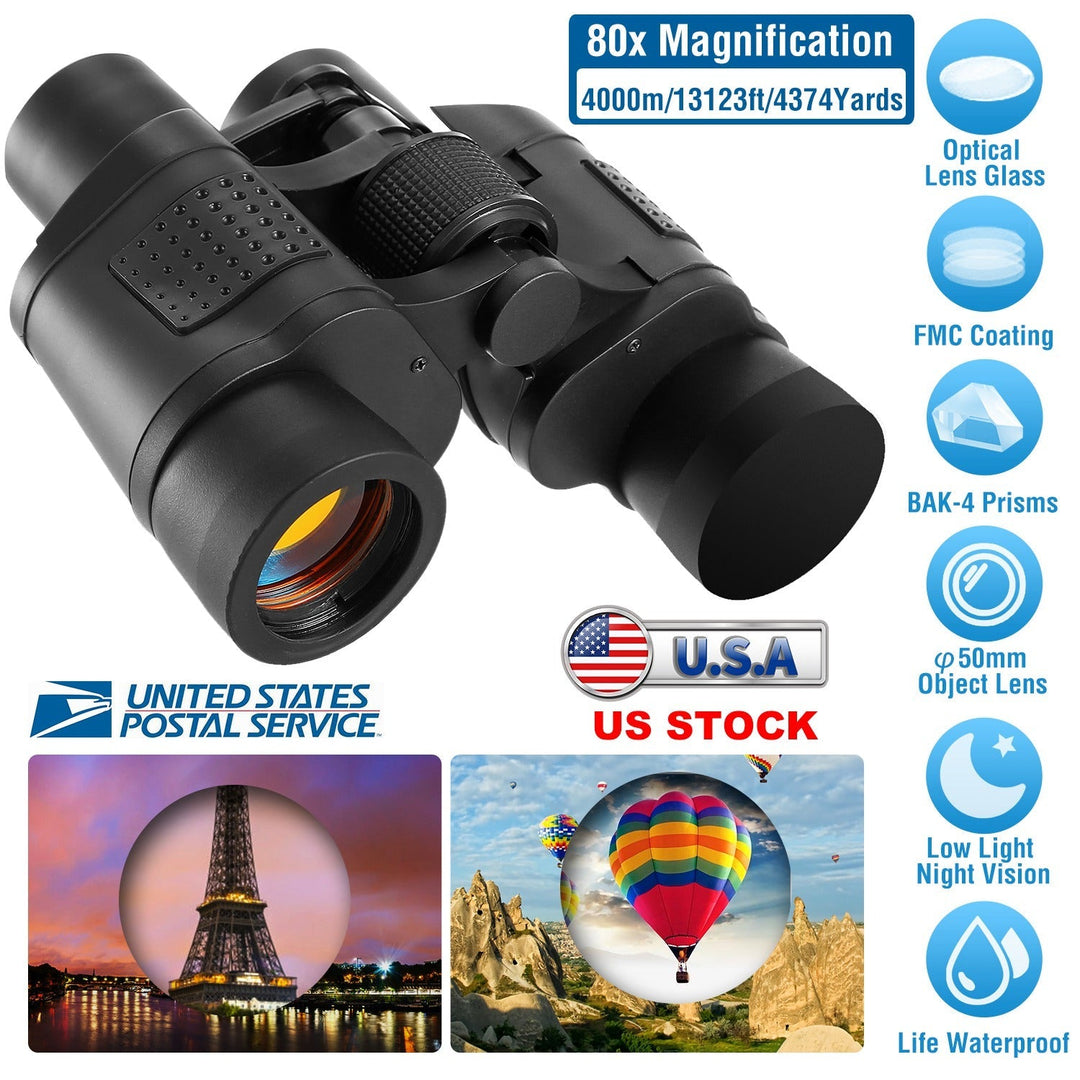 Black binoculars with rubber grip pads and oversized eyepieces, angled view