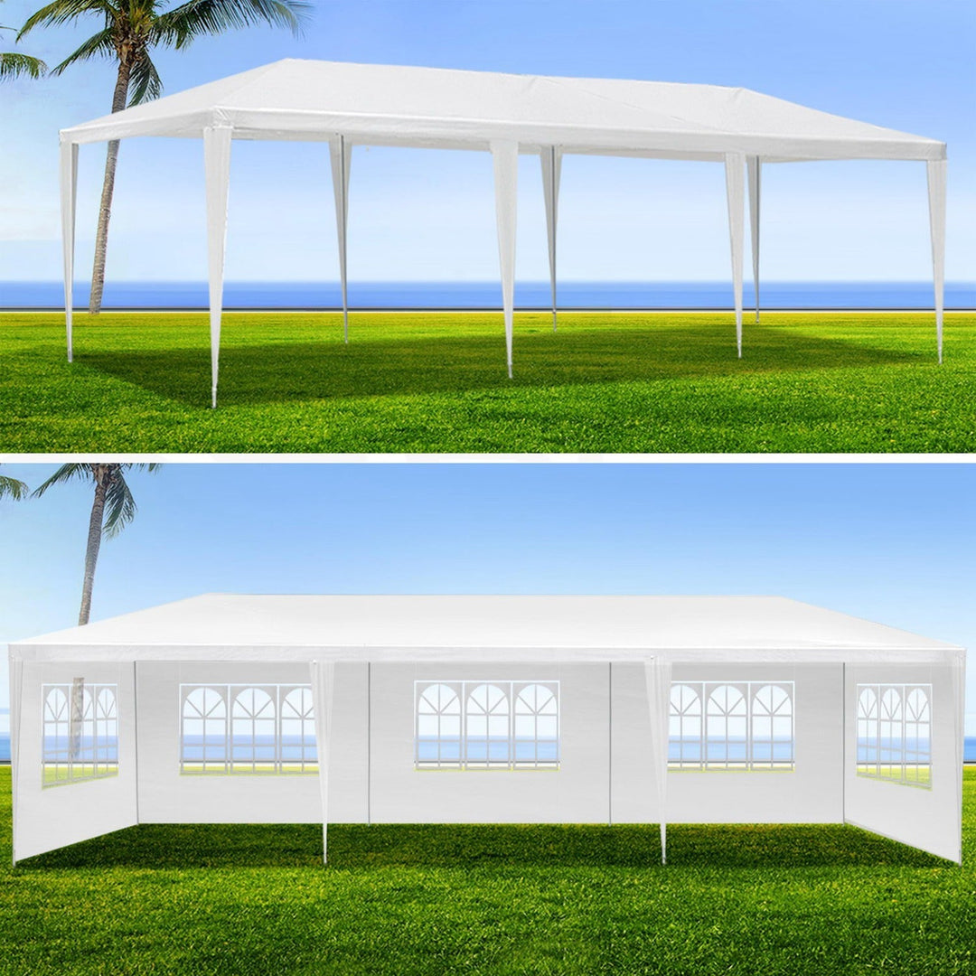 Outdoor canopy tent with windowed sidewalls and peaked roof