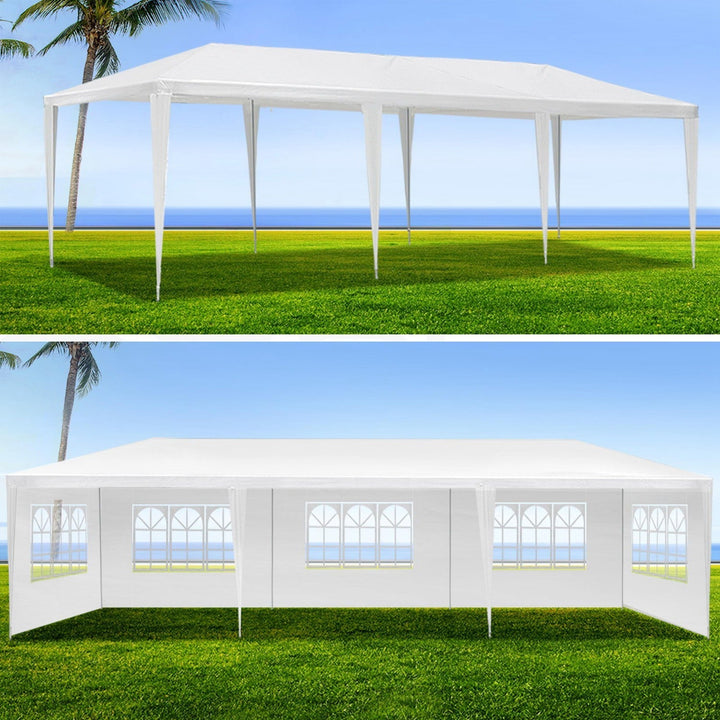 Outdoor canopy tent with windowed sidewalls and peaked roof