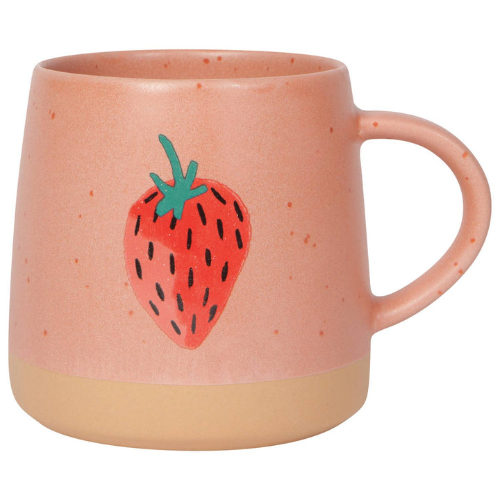 Peach ceramic mug with strawberry graphic, rounded handle and thick base