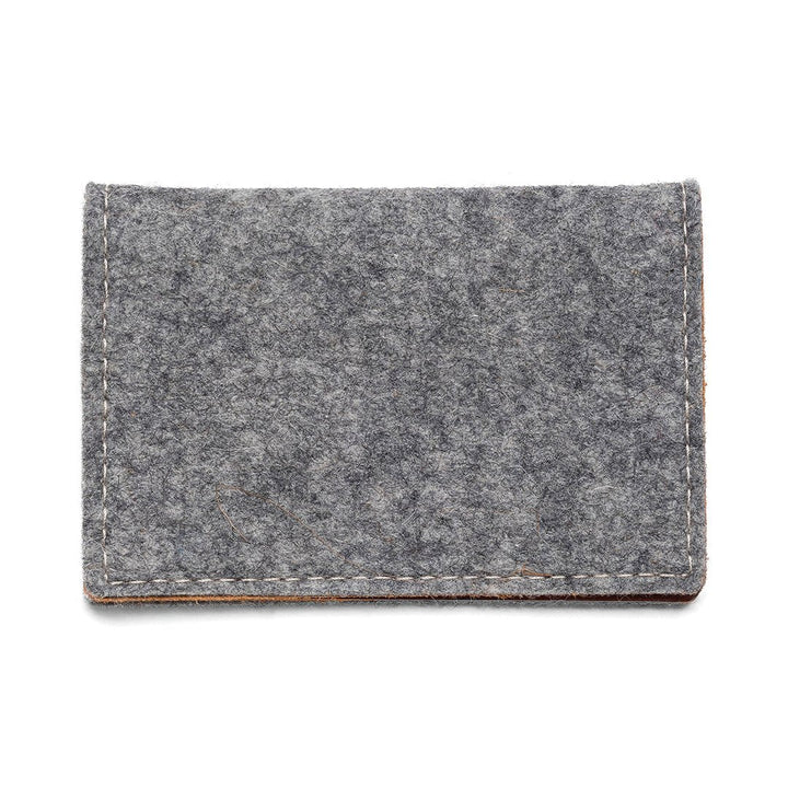 Gray felt bifold wallet with stitched leather trim.