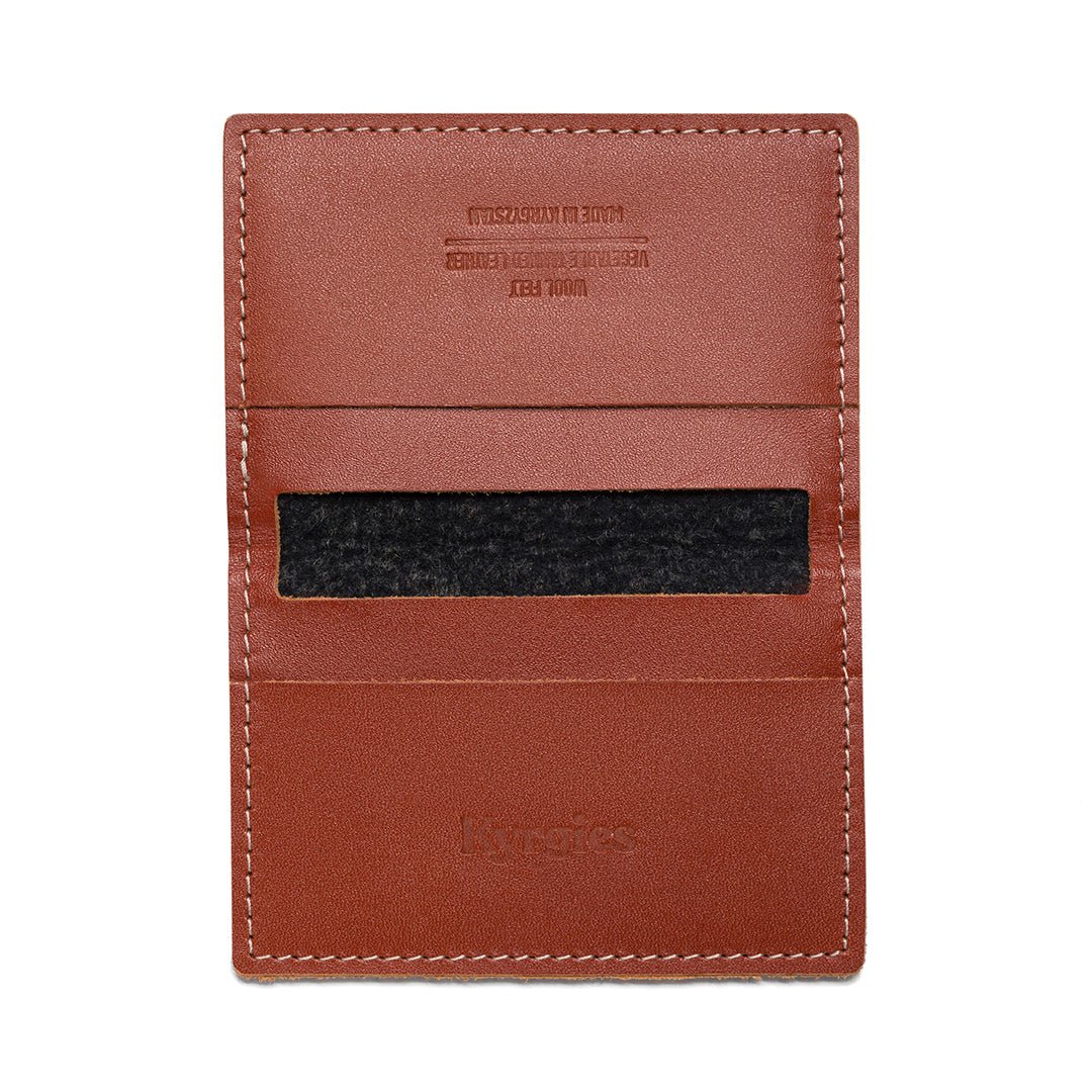 Brown leather bifold wallet with dark felt ID slot and contrast stitching.