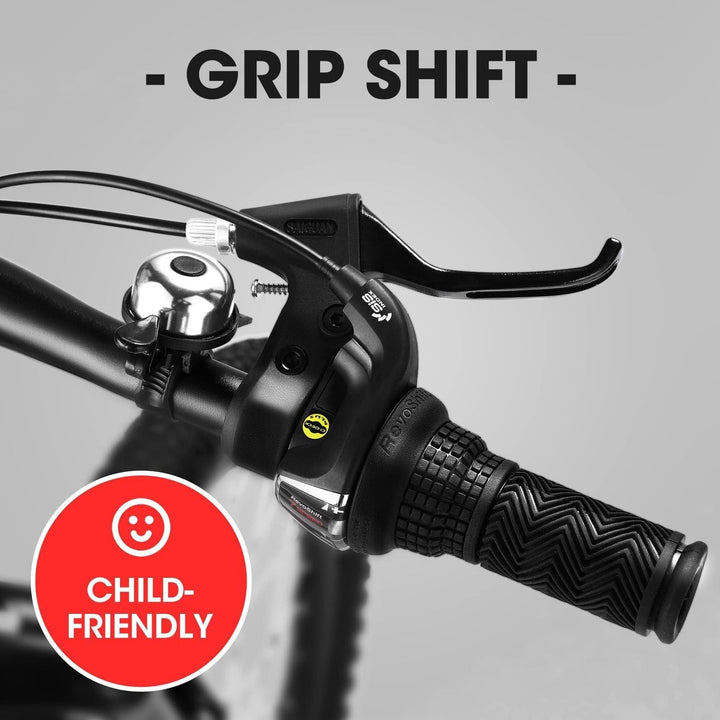 Handlebar grip area with grip-shift control on a kids 20-inch mountain bike