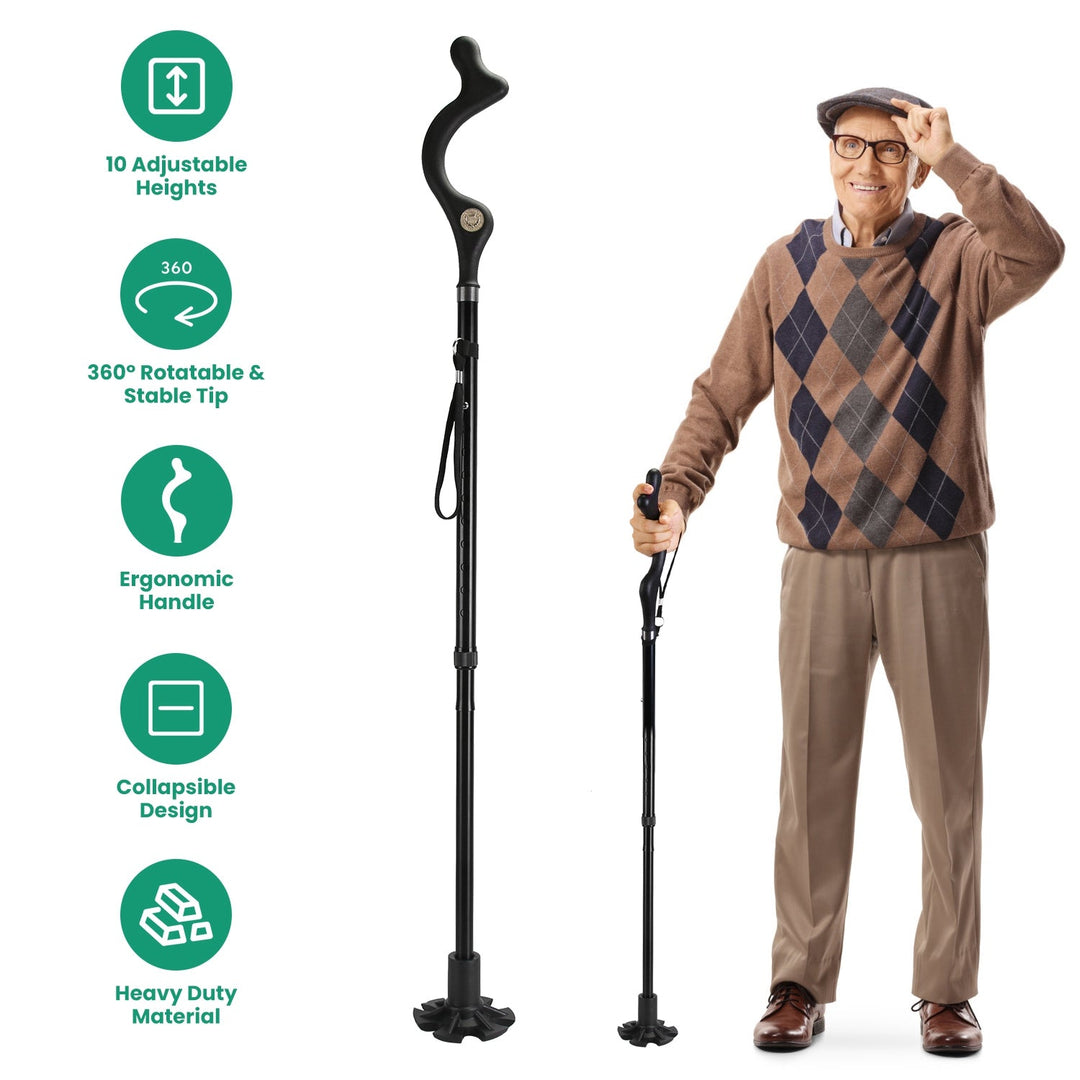 Two black adjustable walking canes with curved ergonomic handles and rubber bases