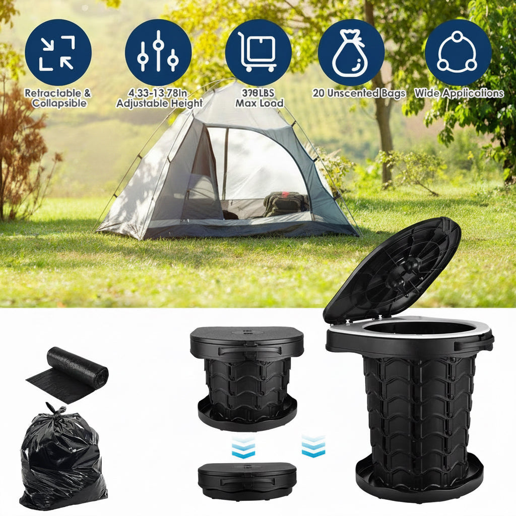 Collapsible portable potty, black with lid; includes carry bag and waste liners