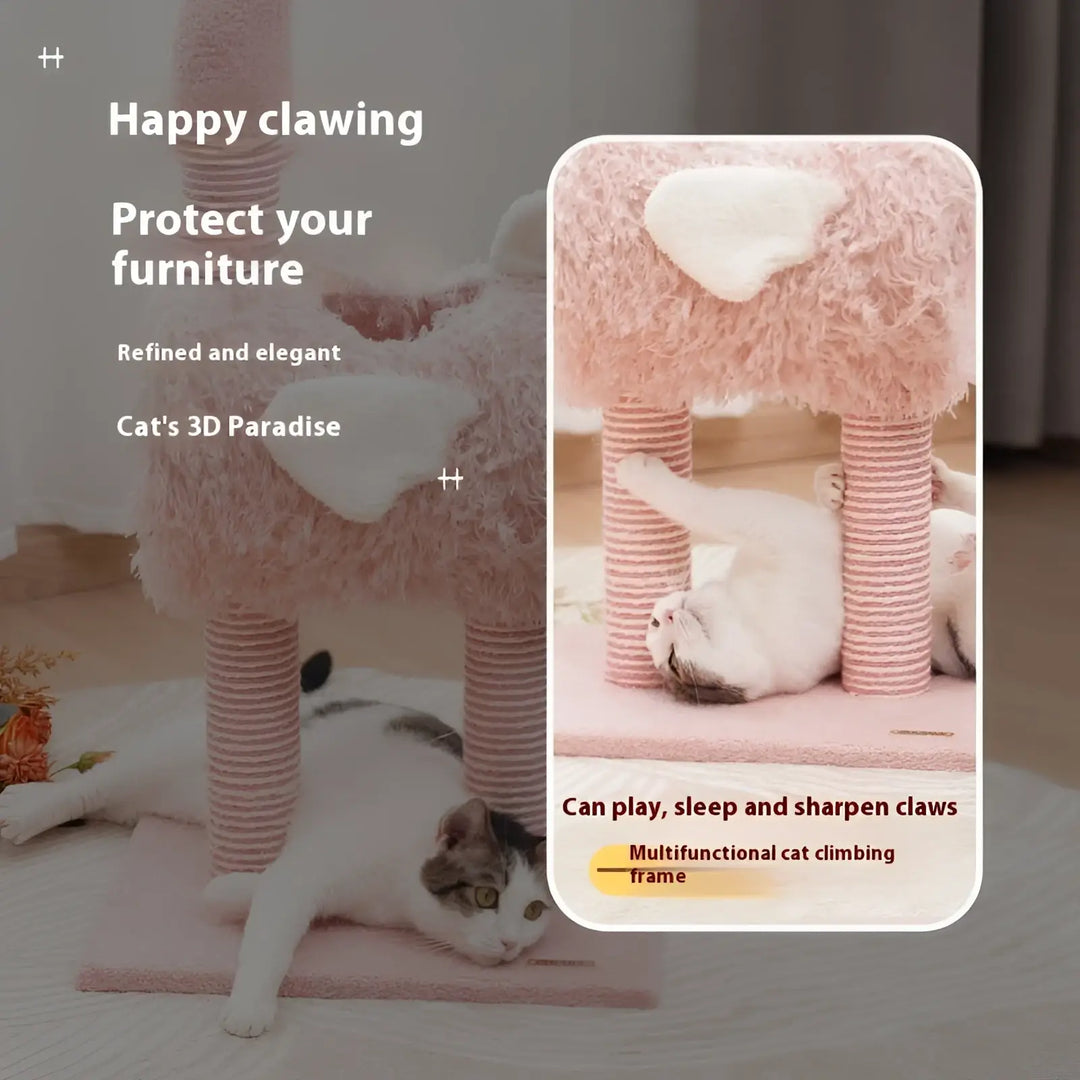 Pink plush cat climber with flamingo top perch, sisal-wrapped striped posts, nest hideaway