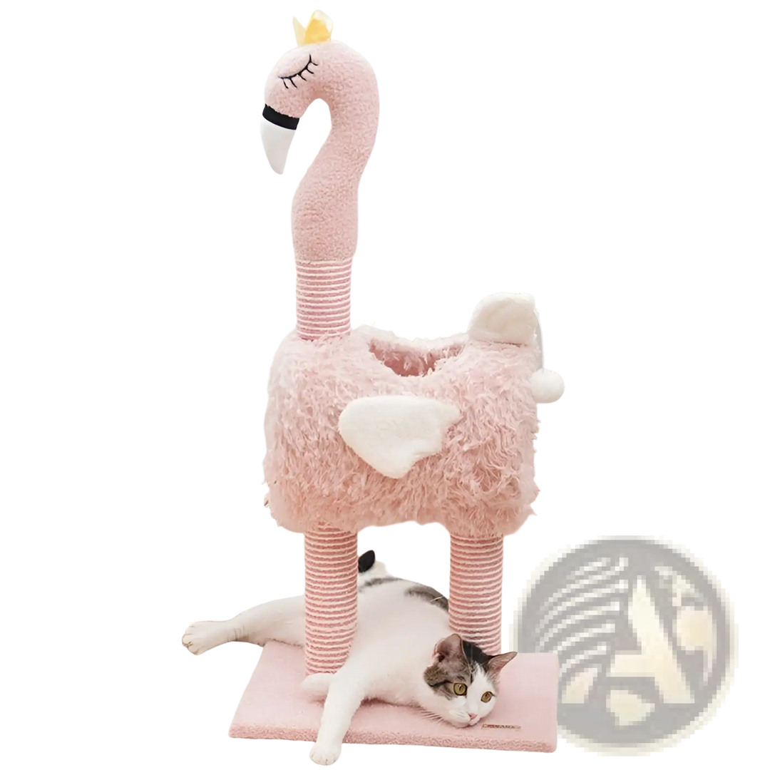 Pink flamingo-style cat tree with plush nest, sisal-wrapped scratching posts, heart detail