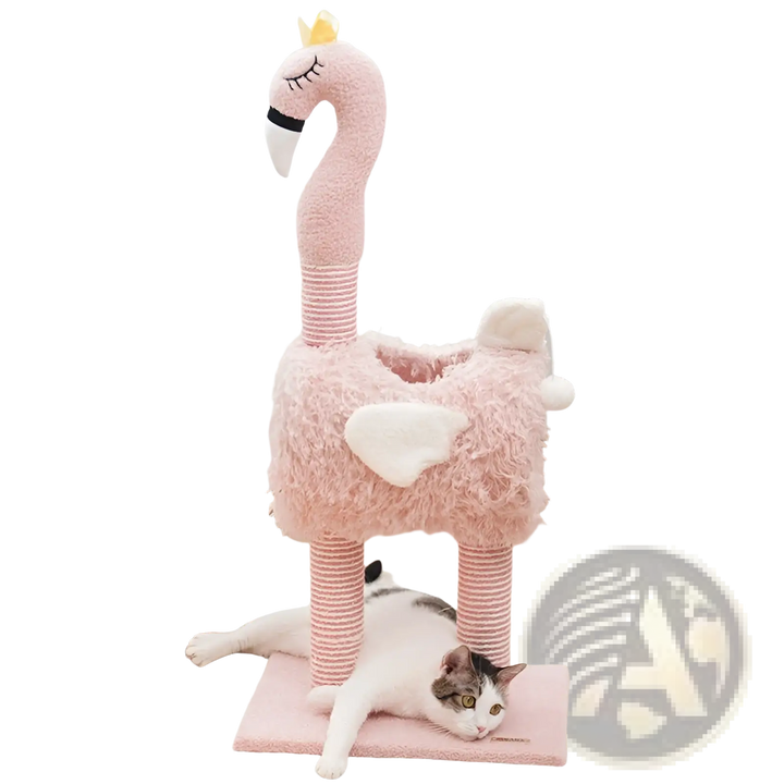 Pink flamingo-style cat tree with plush nest, sisal-wrapped scratching posts, heart detail