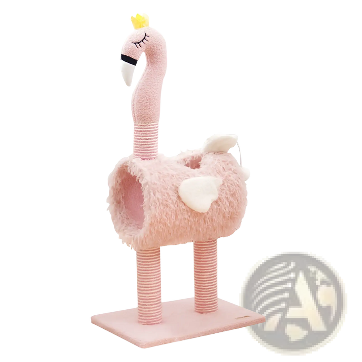 Pink plush cat tree with flamingo perch, striped sisal posts, cushioned nest bowl
