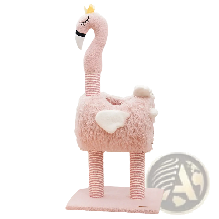Pink flamingo cat scratching post with three sisal-wrapped poles and plush heart nest