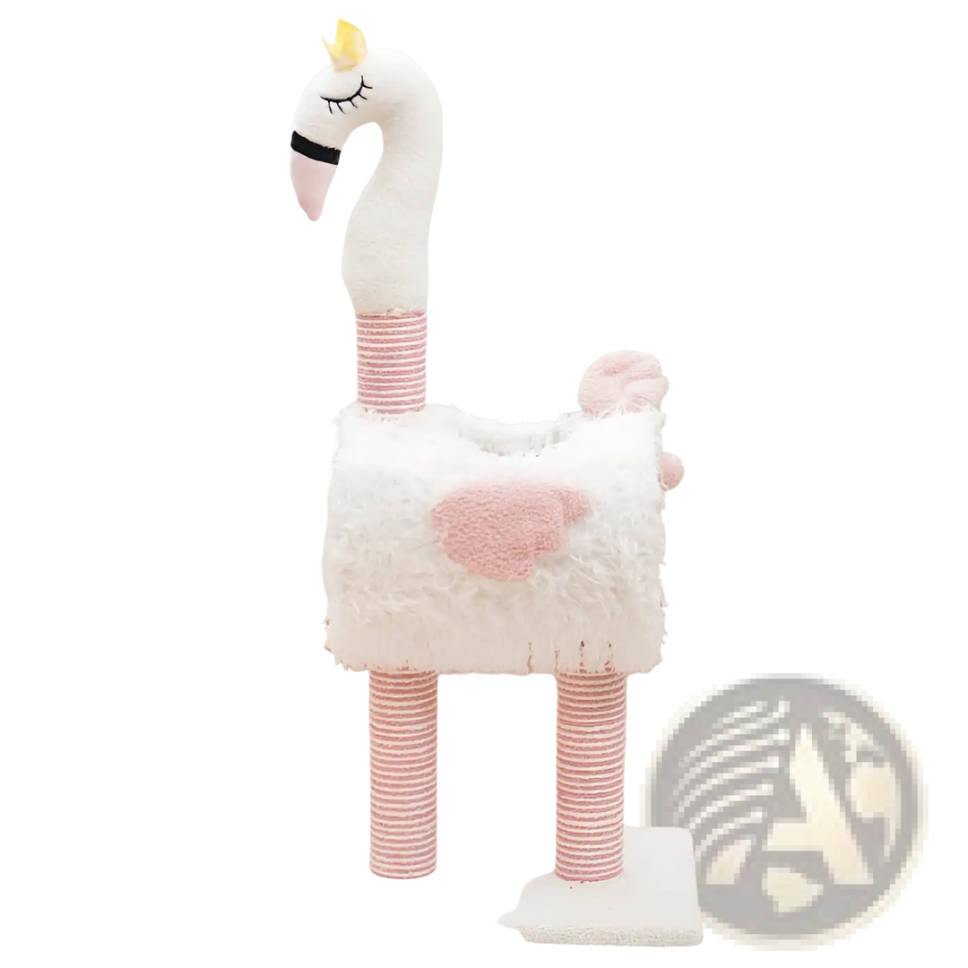 White and pink flamingo-style cat tree with plush nest and sisal-wrapped striped posts