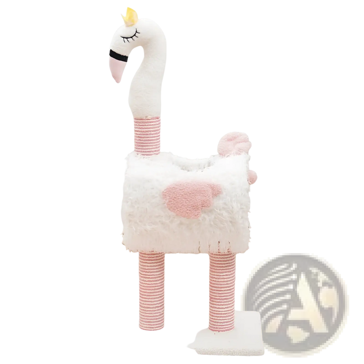White and pink flamingo-style cat tree with plush nest and sisal-wrapped striped posts