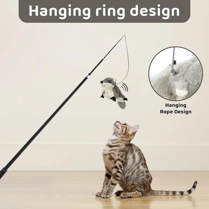 Grey rechargeable squirrel catnip toy with hanging rope design and small paws
