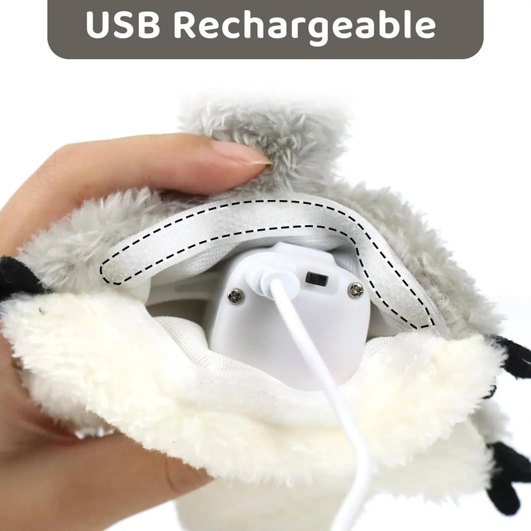 Grey plush squirrel catnip toy showing USB rechargeable interior and cable